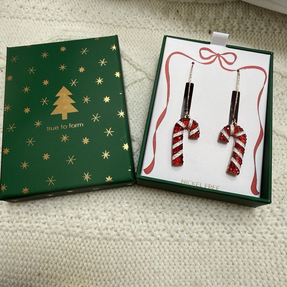 True To Form Christmas Candy Cane Rhinestone Sparkling Earrings New In Box